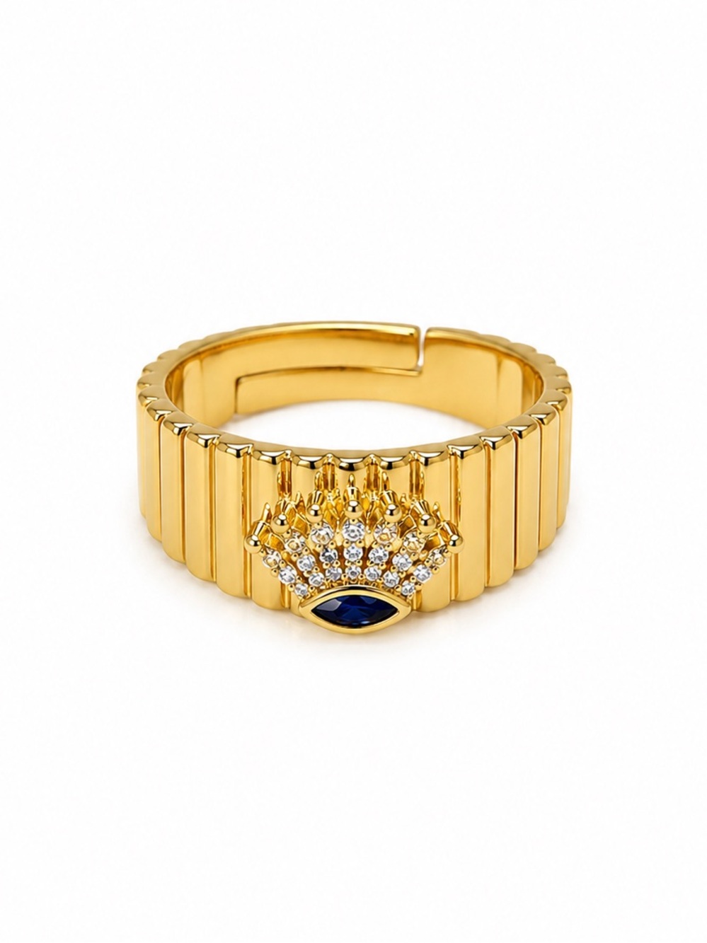 Crown & Blue Evil Eye Statement Ring Adjustable Stainless Steel Zircon Accented